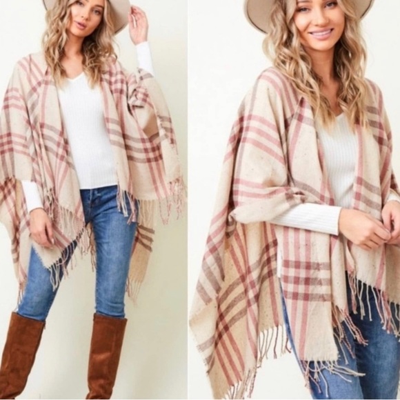 Classic Plaid Poncho Fringe Womens Fashion & Style Trendy Look - Picture 2 of 3